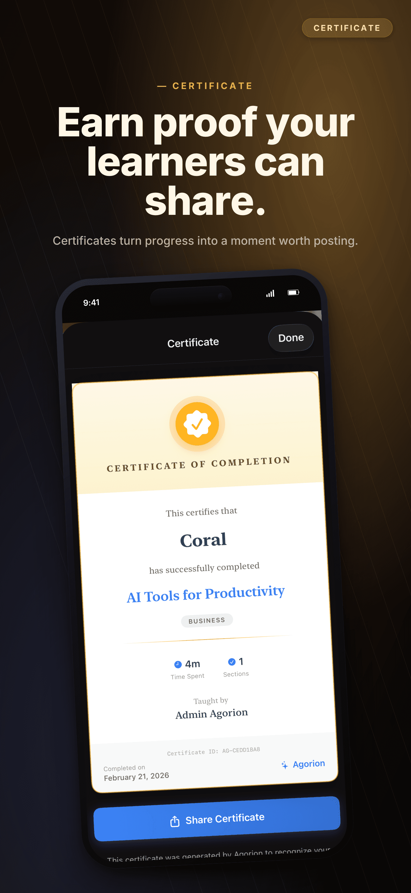 Appliftoff-generated App Store shot for an Agorion certificate screen using Hero Lift layout
