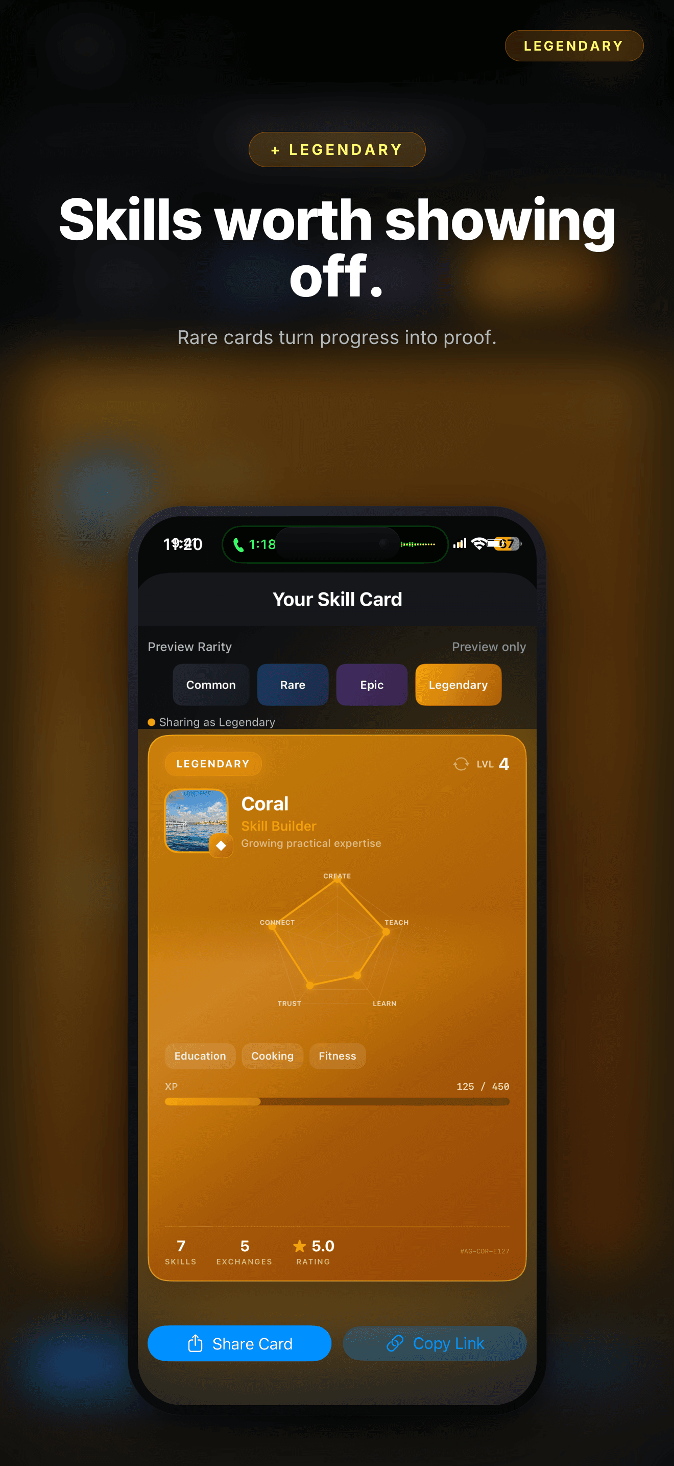 Appliftoff-generated App Store shot for an Agorion skill card screen using Dark Showcase layout