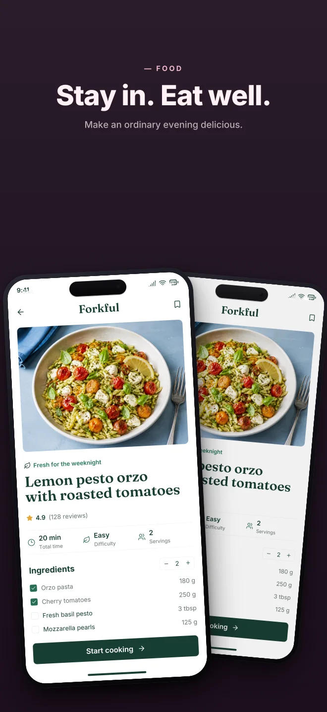After Hours palette in Angled Pair, a fictional food app screenshot example