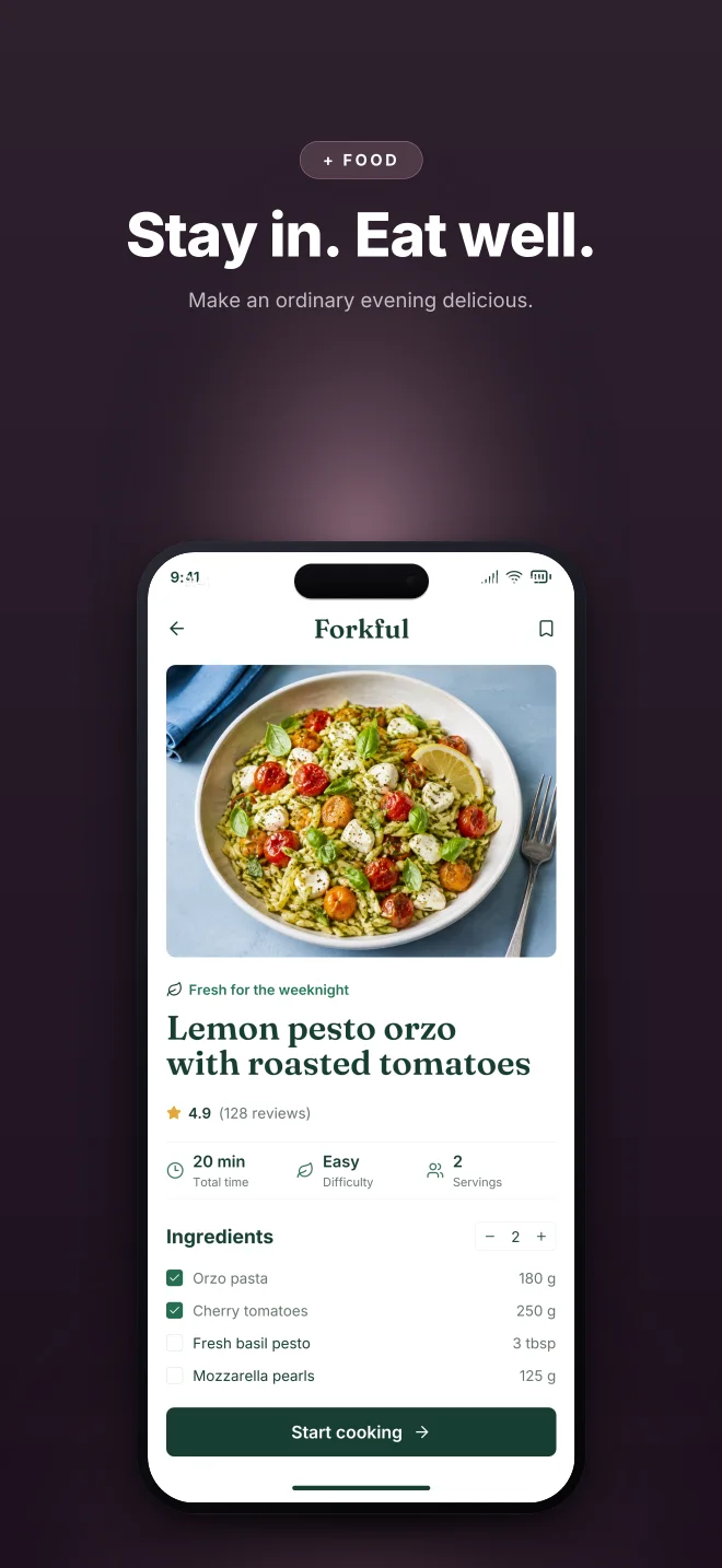 After Hours palette in Dark Showcase, a fictional food app screenshot example