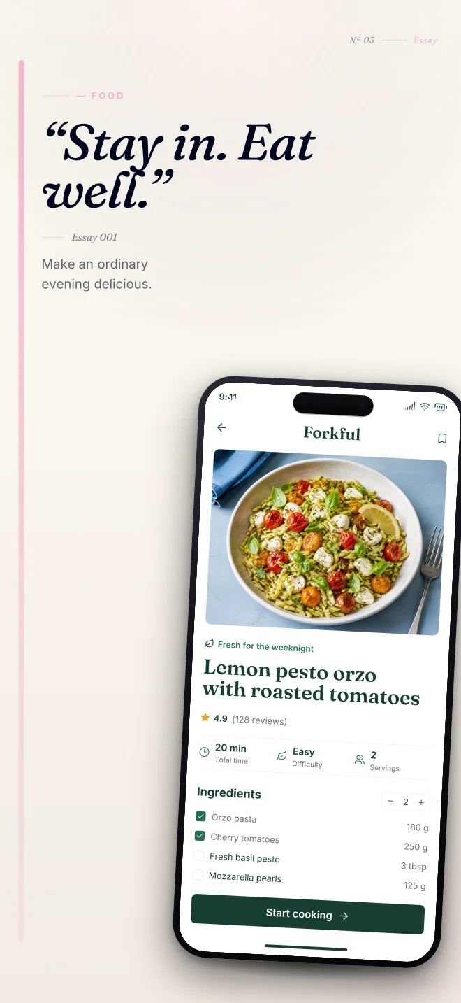 After Hours palette in Editorial, a fictional food app screenshot example