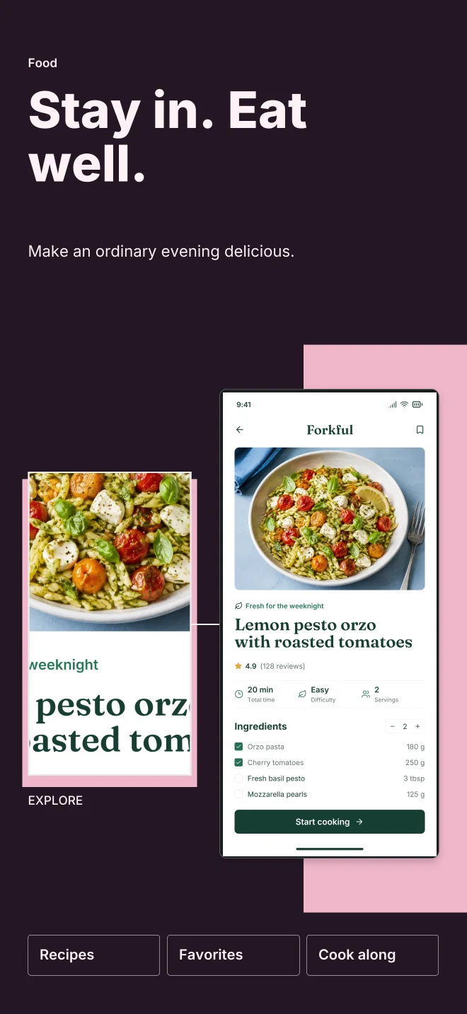 After Hours palette in Feature Focus, a fictional food app screenshot example