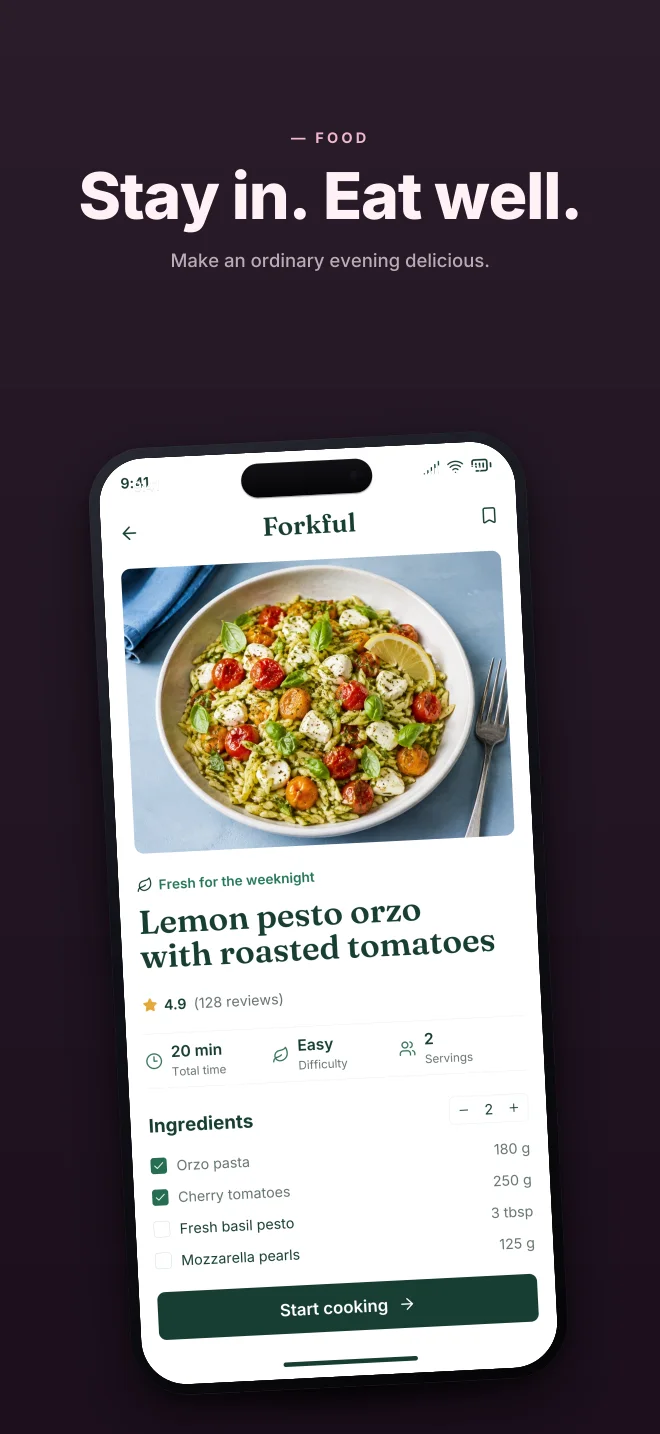 After Hours palette in Hero Lift, a fictional food app screenshot example