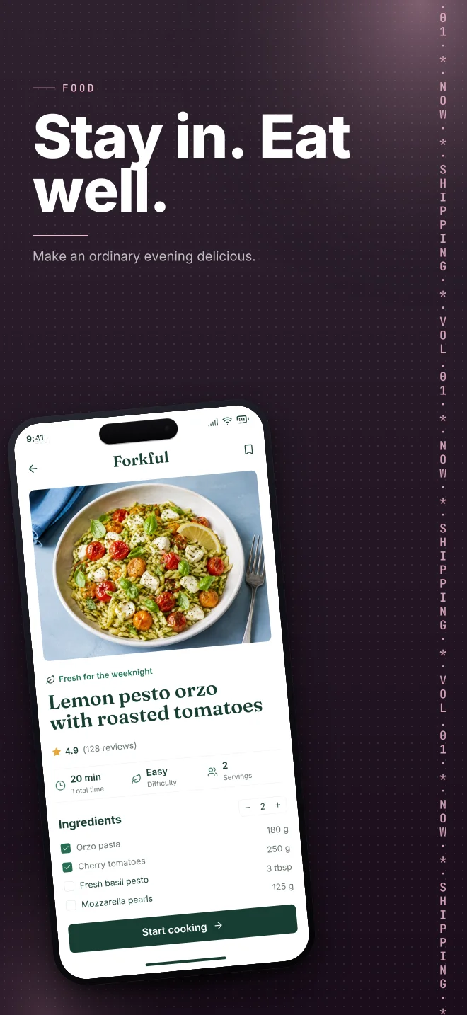 After Hours palette in Marquee Scroll, a fictional food app screenshot example