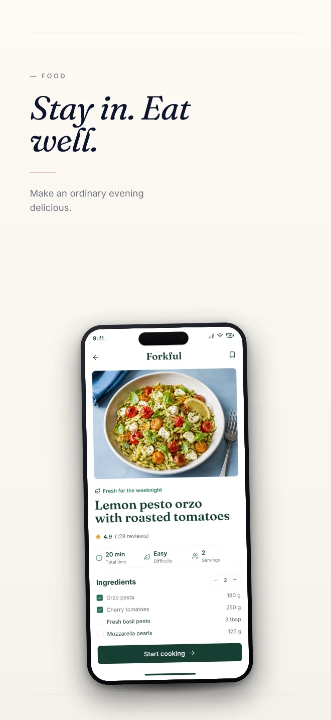 After Hours palette in Minimal, a fictional food app screenshot example