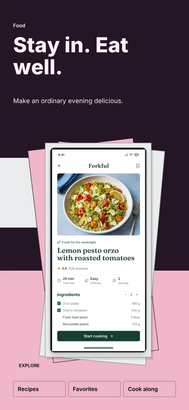 After Hours palette in Playful Stack, a fictional food app screenshot example