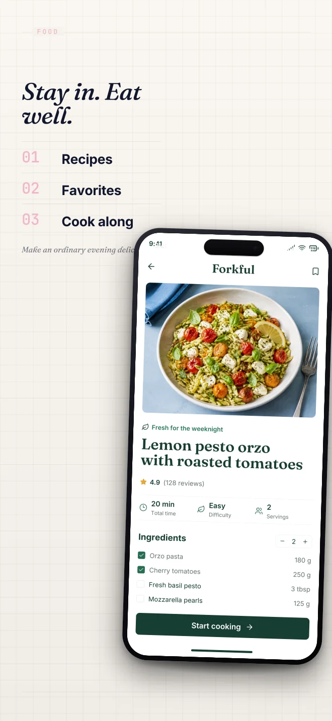 After Hours palette in Specimen Grid, a fictional food app screenshot example