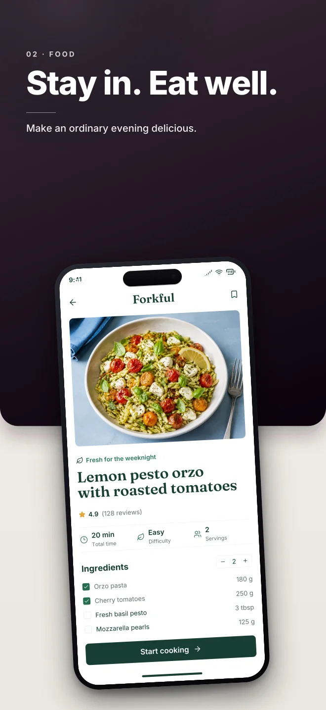 After Hours palette in Split Bold, a fictional food app screenshot example