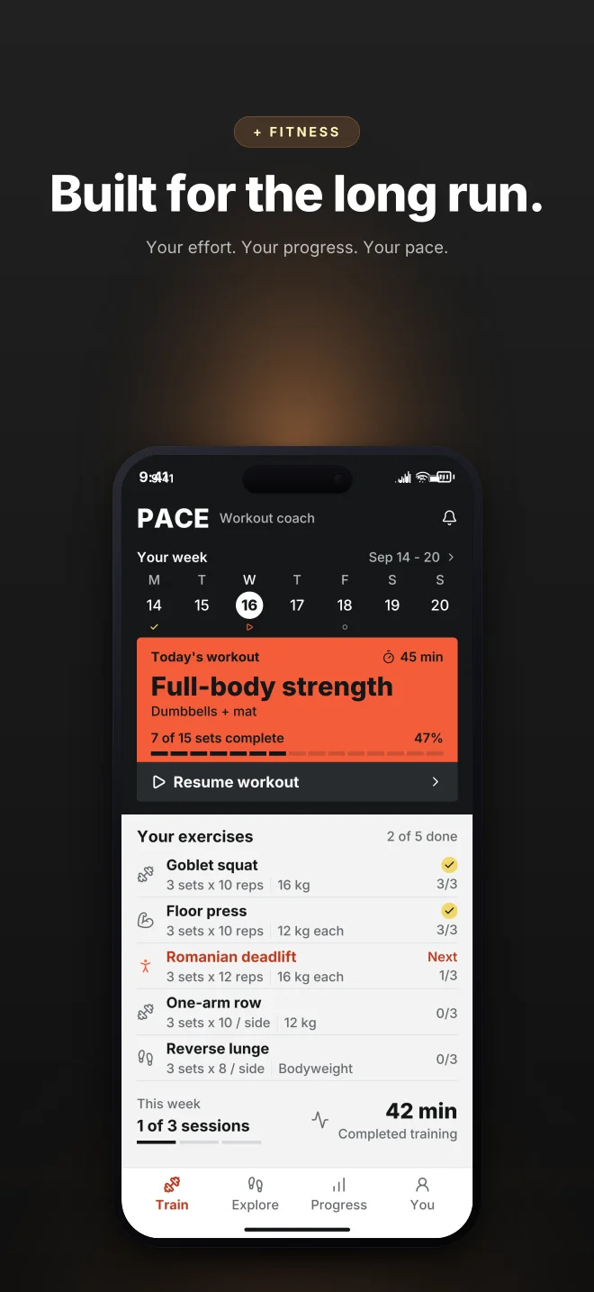 Carbon palette in Dark Showcase, a fictional fitness app screenshot example