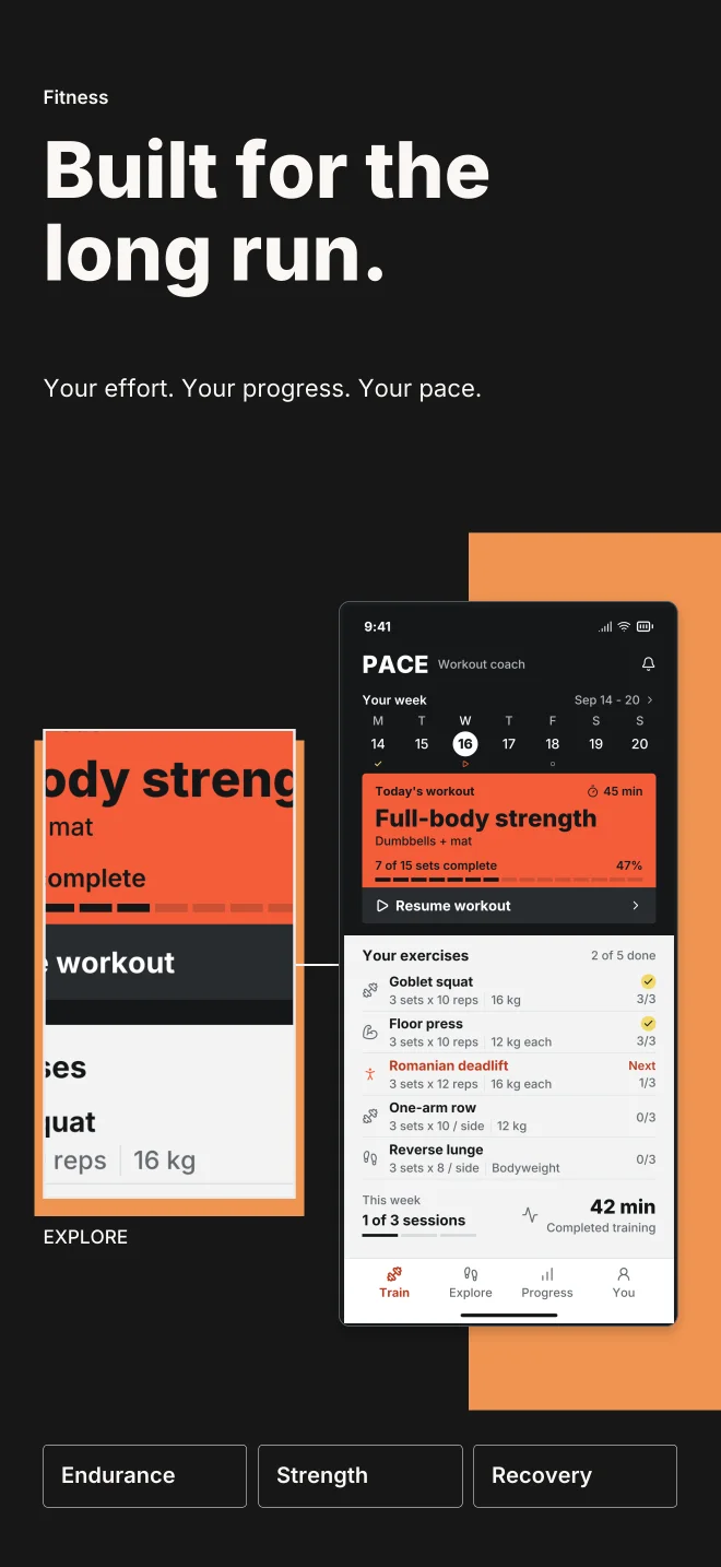 Carbon palette in Feature Focus, a fictional fitness app screenshot example
