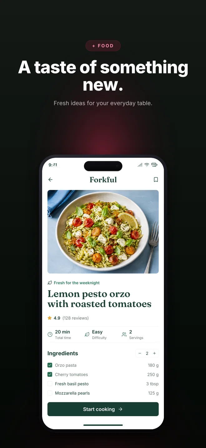 Cherry Pick palette in Dark Showcase, a fictional food app screenshot example