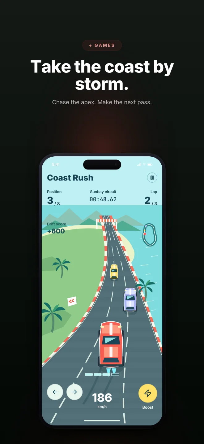 Coast Rush palette in Dark Showcase, a fictional games app screenshot example
