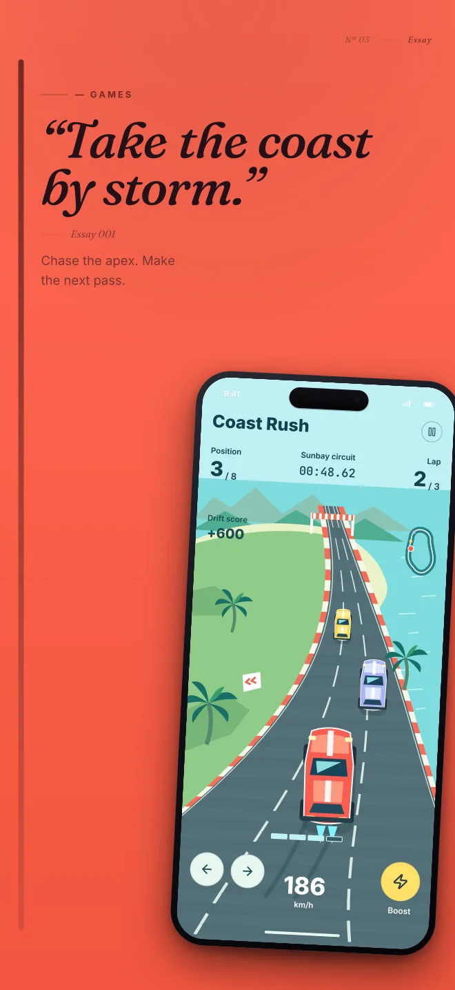 Coast Rush palette in Editorial, a fictional games app screenshot example