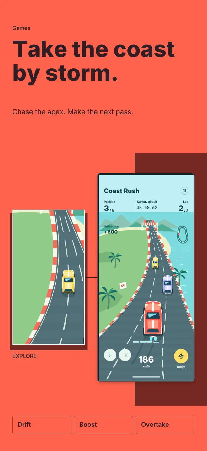 Coast Rush palette in Feature Focus, a fictional games app screenshot example