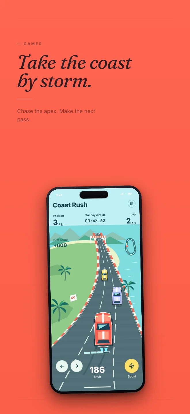Coast Rush palette in Minimal, a fictional games app screenshot example