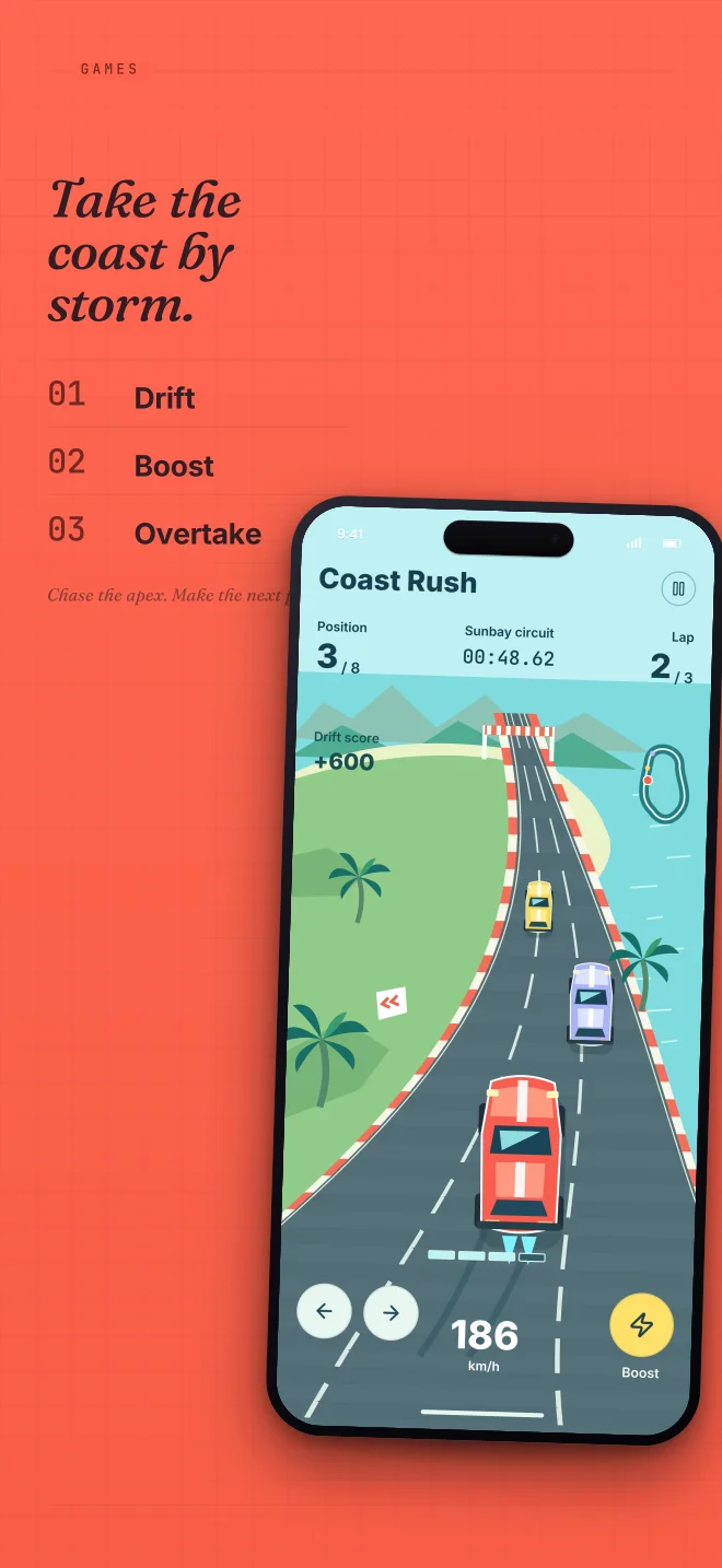 Coast Rush palette in Specimen Grid, a fictional games app screenshot example