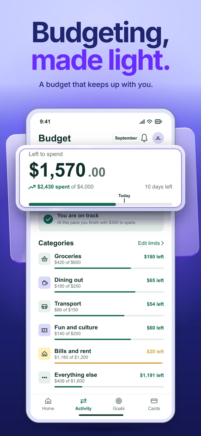 A periwinkle sky falling into deep indigo, large frosted glass cards and an electric violet accent. A calm, premium set for money apps that want to feel effortless. Budgeting, made light. A budget that keeps up with you.