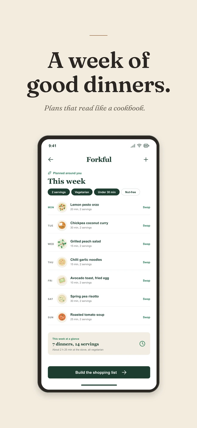 Warm paper, a quiet serif and the whole phone with room around it. A minimal set that reads like the pages of a well-made book. A week of good dinners. Plans that read like a cookbook.