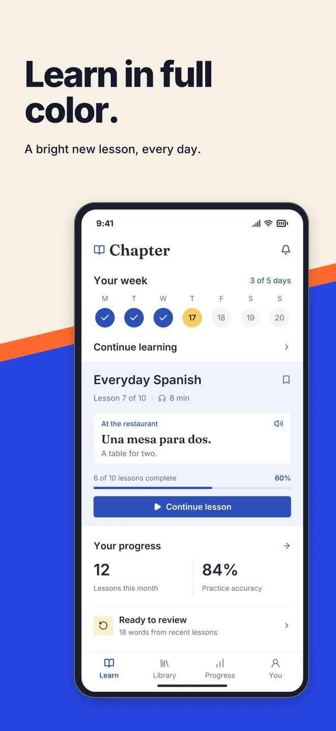 Cobalt, tangerine and cream in big intersecting planes, with heavy, clear type. An energetic launch story for creative, learning and everyday apps. Learn in full color. A bright new lesson, every day.
