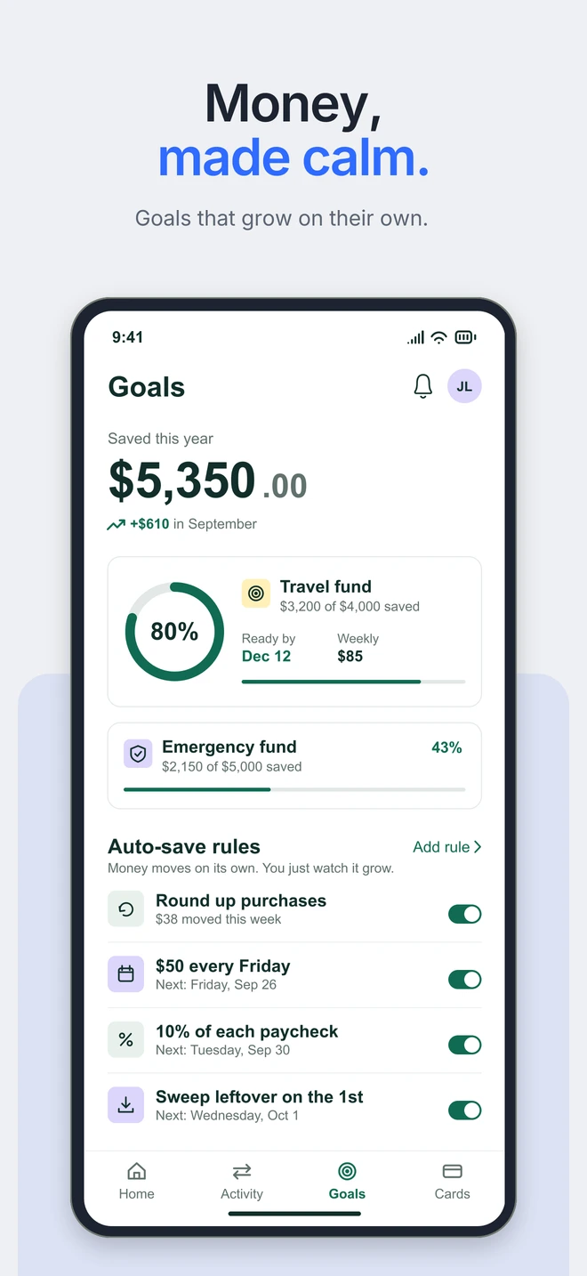 Soft grey, one blue and the whole phone on a steady centre line. A calm, symmetrical set that only breaks its rhythm to look closer. Money, made calm. Goals that grow on their own.