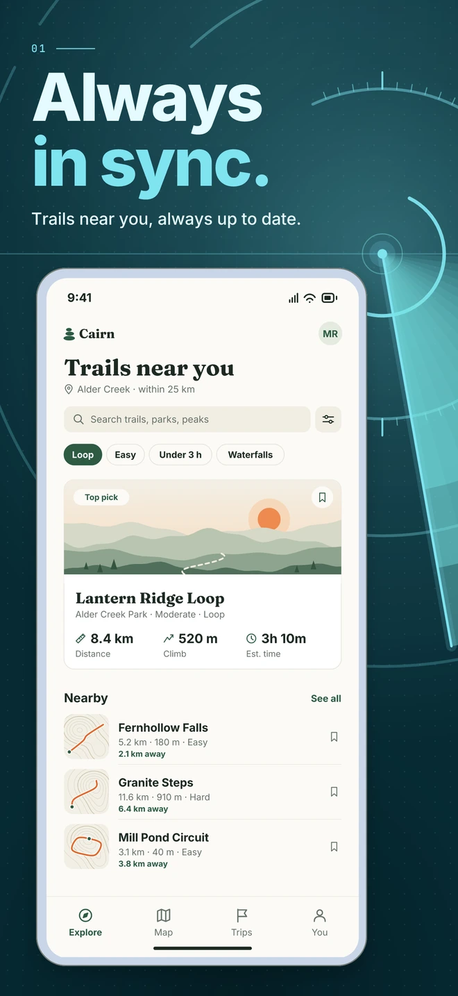 Deep petrol, an ice-cyan radar sweep and a light titanium device. A precise, technical set for wearables, health tech and smart devices. Always in sync. Trails near you, always up to date.