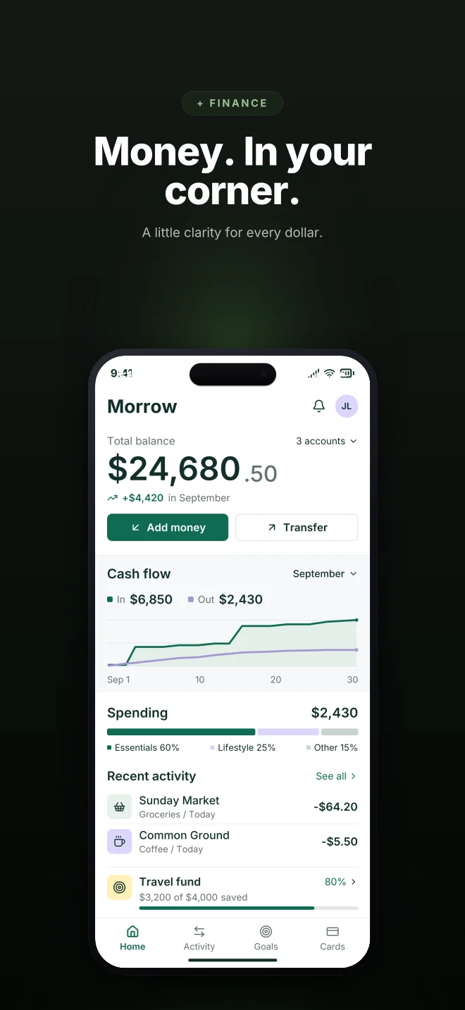 Electric palette in Dark Showcase, a fictional finance app screenshot example