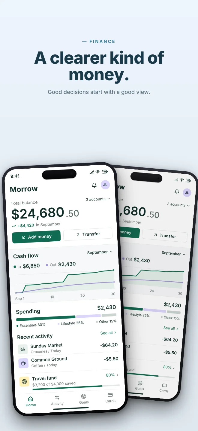 Glacier palette in Angled Pair, a fictional finance app screenshot example
