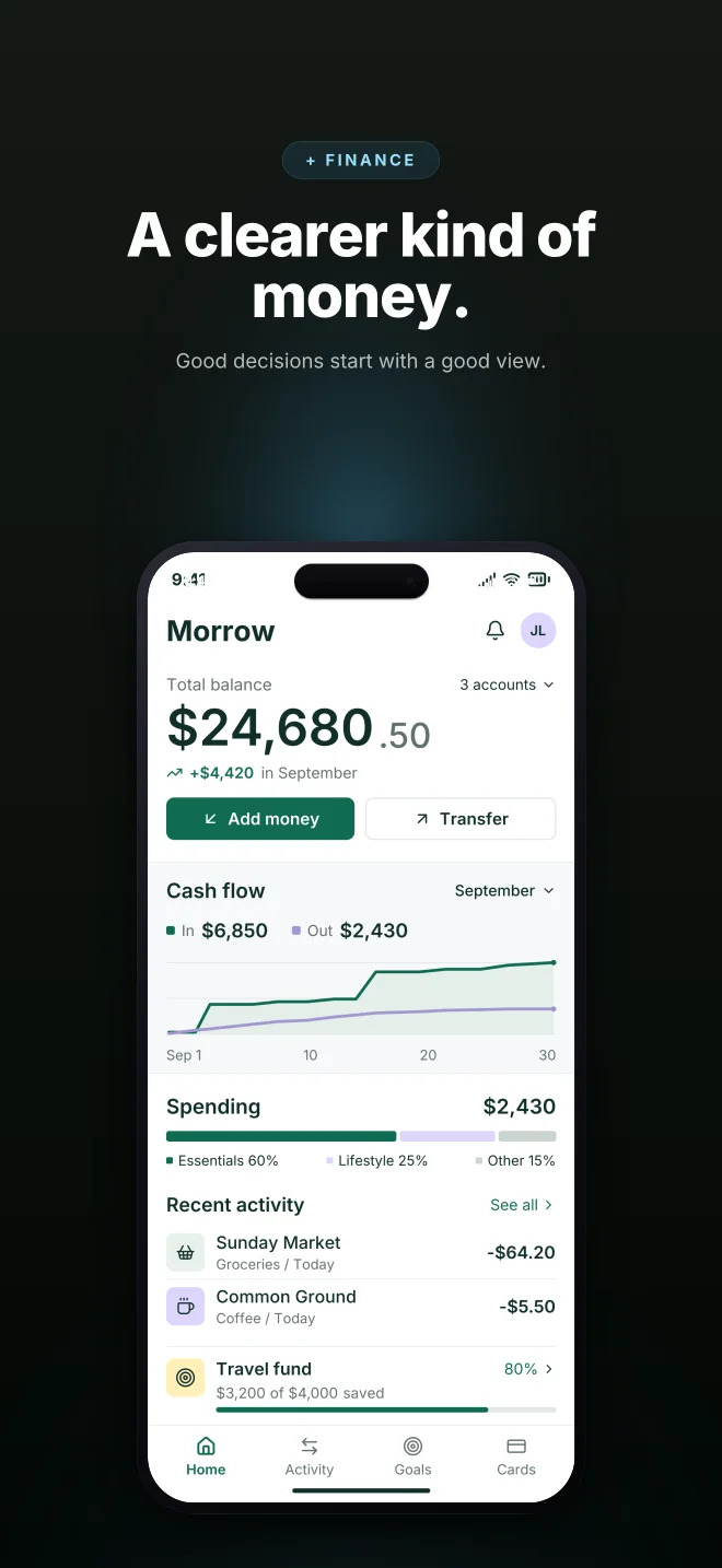 Glacier palette in Dark Showcase, a fictional finance app screenshot example