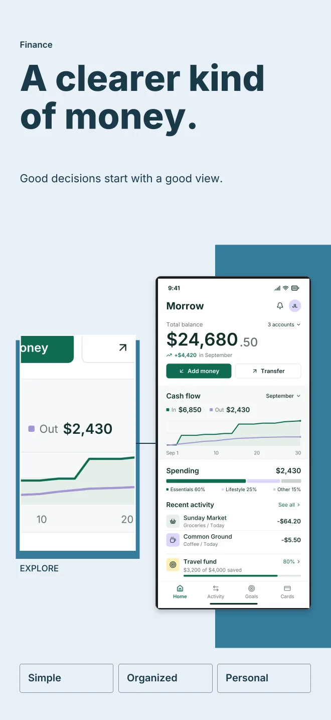 Glacier palette in Feature Focus, a fictional finance app screenshot example