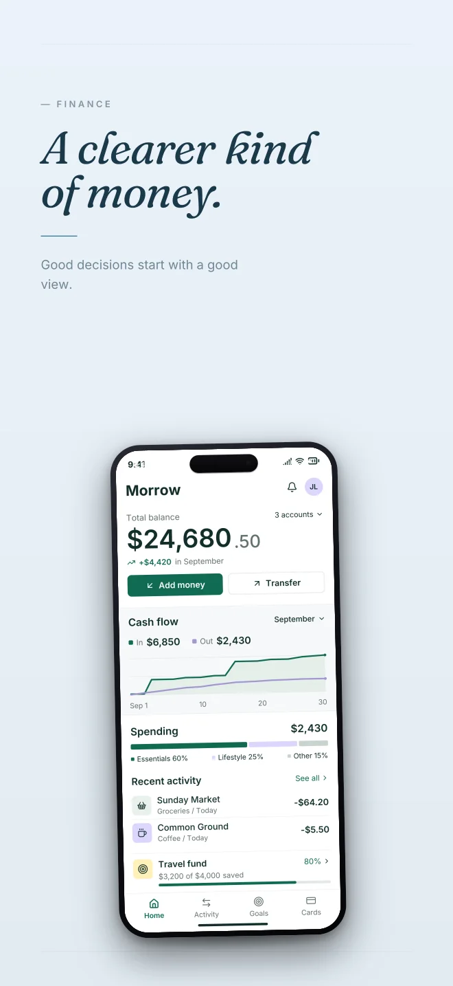 Glacier palette in Minimal, a fictional finance app screenshot example