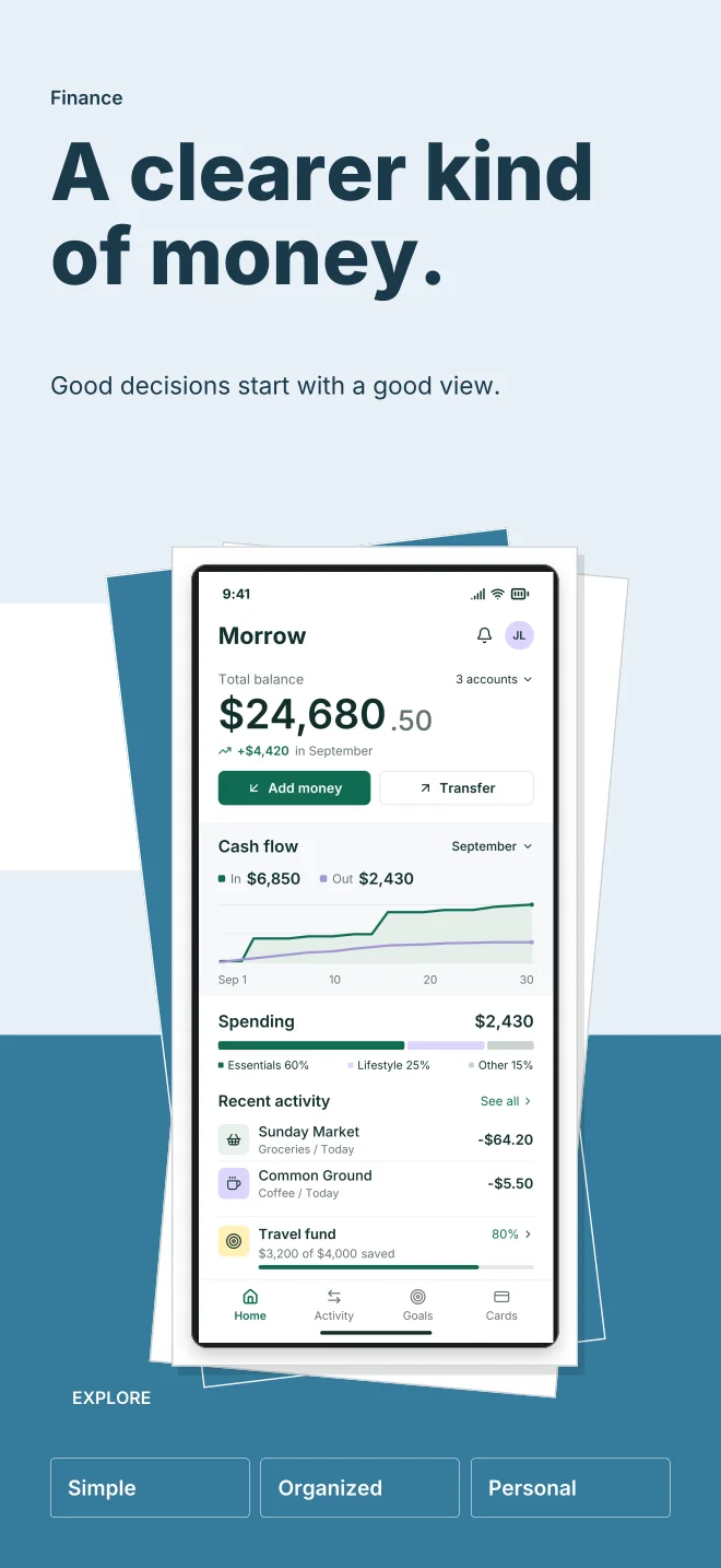 Glacier palette in Playful Stack, a fictional finance app screenshot example