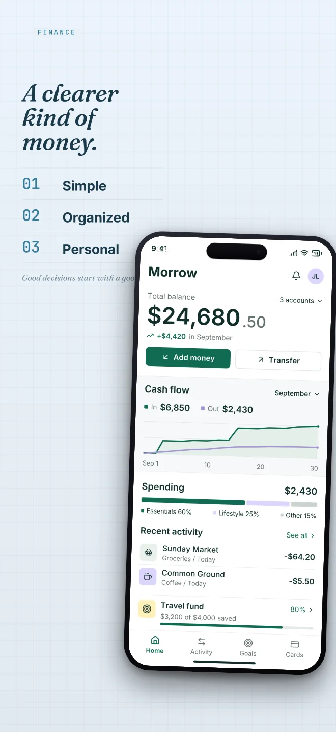 Glacier palette in Specimen Grid, a fictional finance app screenshot example