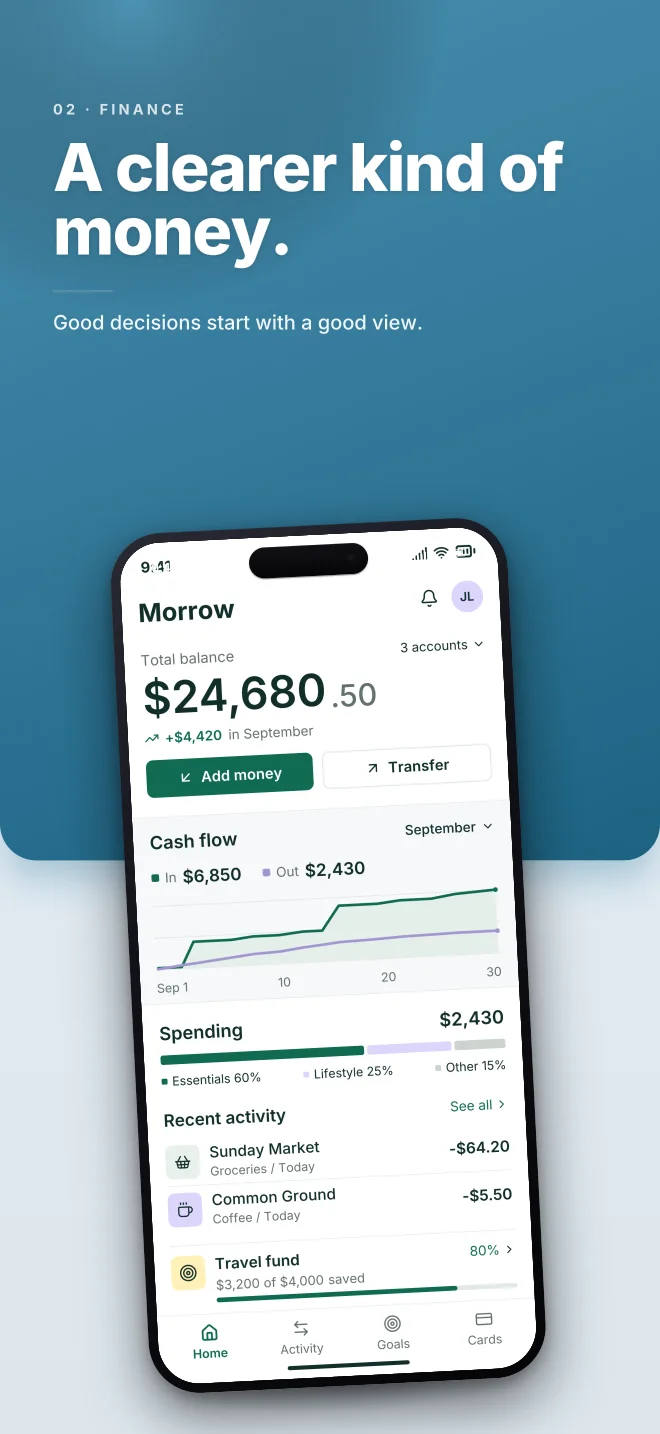 Glacier palette in Split Bold, a fictional finance app screenshot example
