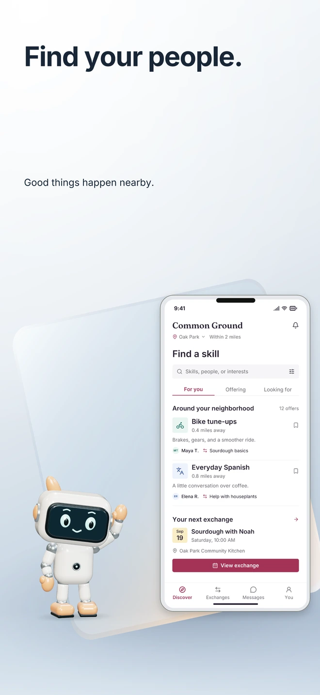 Editable 3D screenshot design: a white 3D companion waves beside the Common Ground app under the headline Find your people.