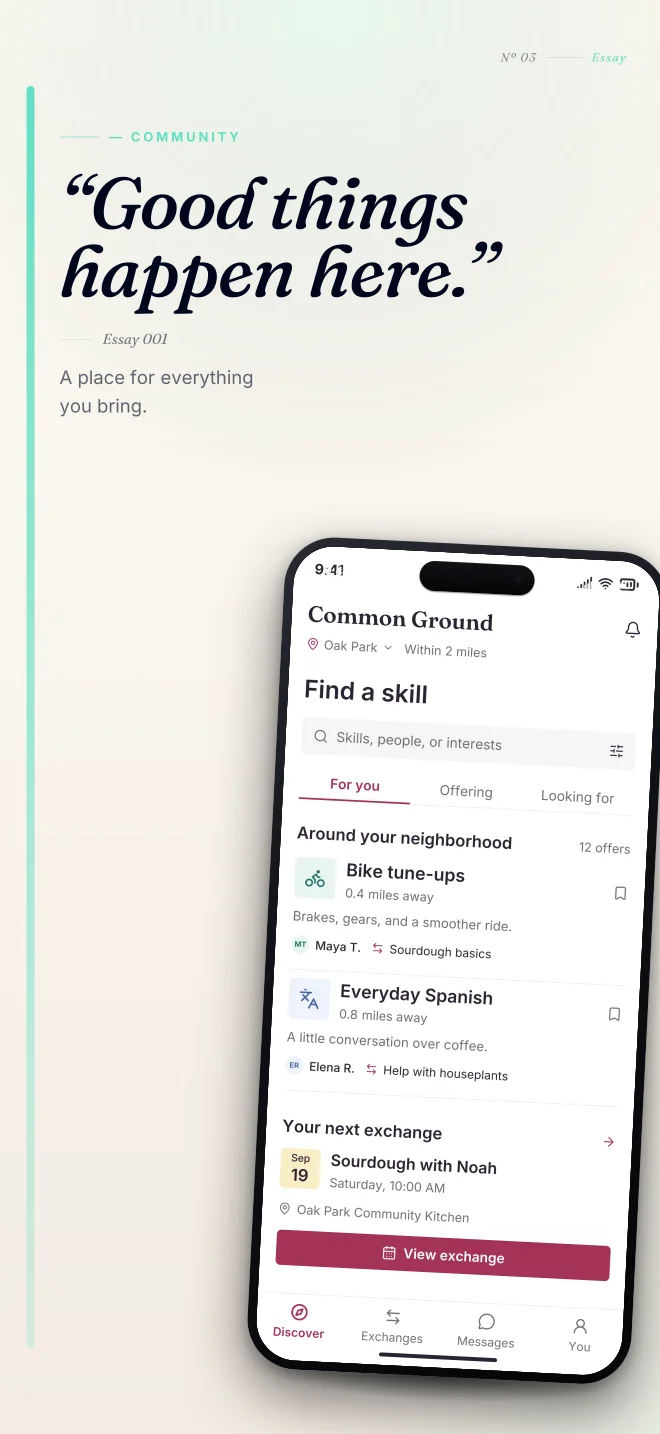 Lagoon palette in Editorial, a fictional community app screenshot example