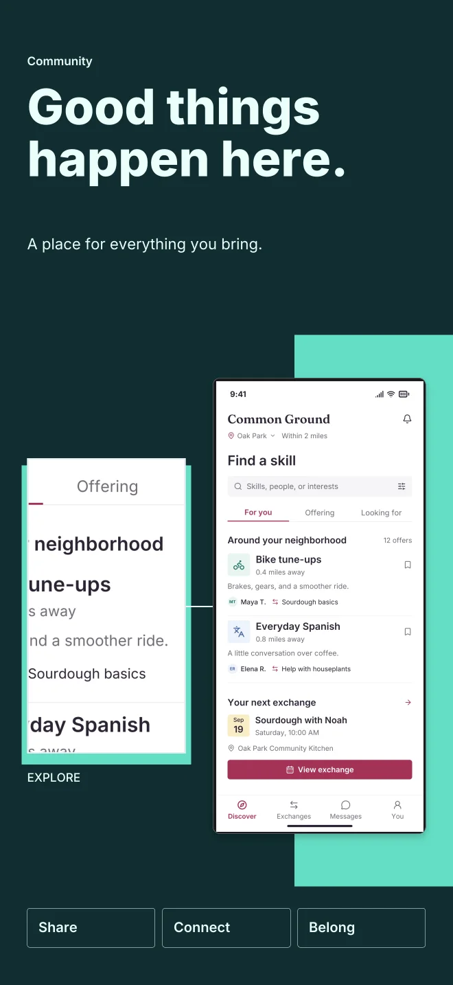 Lagoon palette in Feature Focus, a fictional community app screenshot example