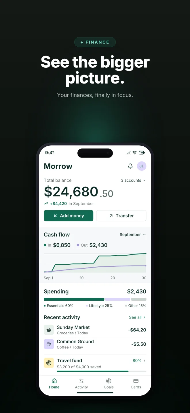 Mint Condition palette in Dark Showcase, a fictional finance app screenshot example
