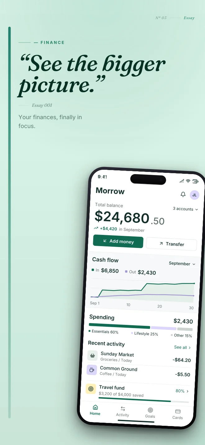 Mint Condition palette in Editorial, a fictional finance app screenshot example