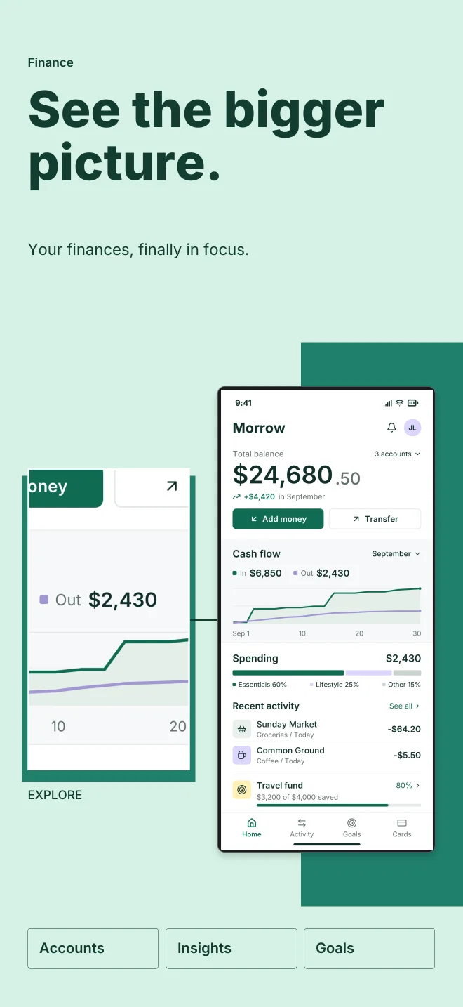 Mint Condition palette in Feature Focus, a fictional finance app screenshot example