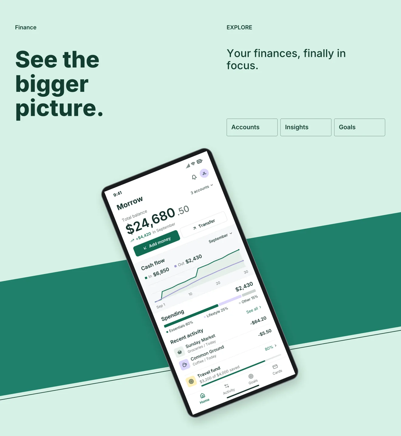 Mint Condition palette in Panoramic Pair, a fictional finance app screenshot example