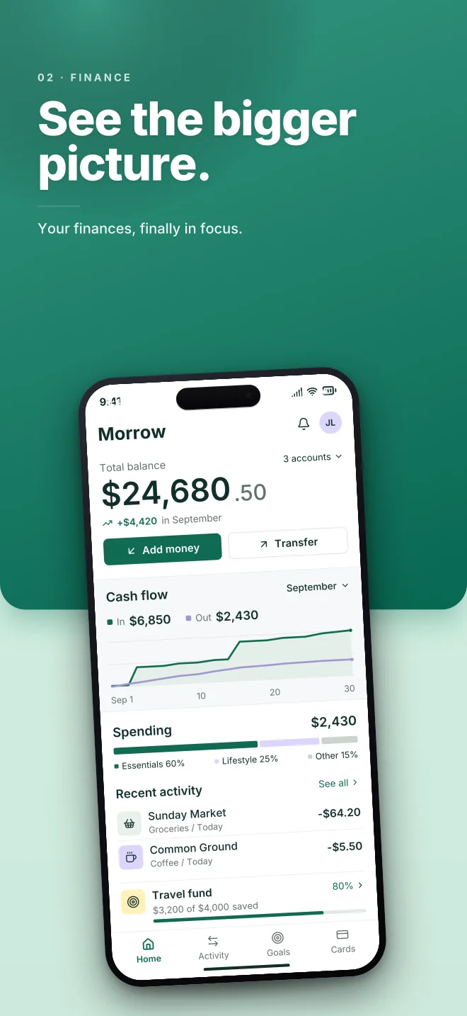 Mint Condition palette in Split Bold, a fictional finance app screenshot example