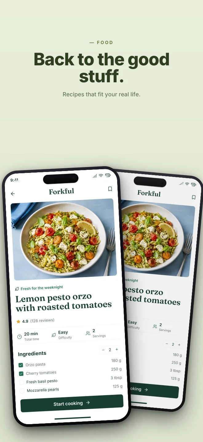 Olive Grove palette in Angled Pair, a fictional food app screenshot example