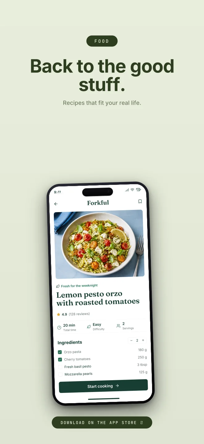 Olive Grove palette in Closer Badge, a fictional food app screenshot example