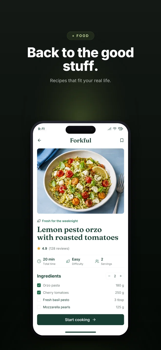 Olive Grove palette in Dark Showcase, a fictional food app screenshot example