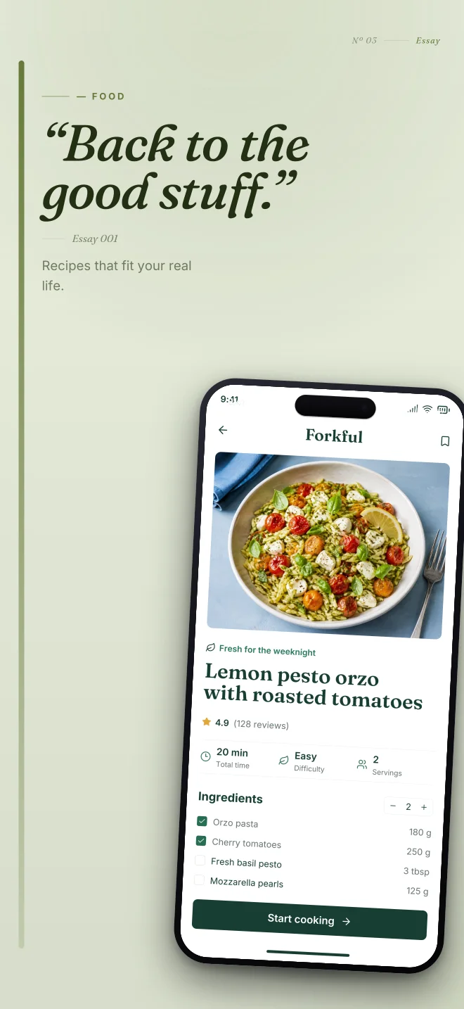 Olive Grove palette in Editorial, a fictional food app screenshot example