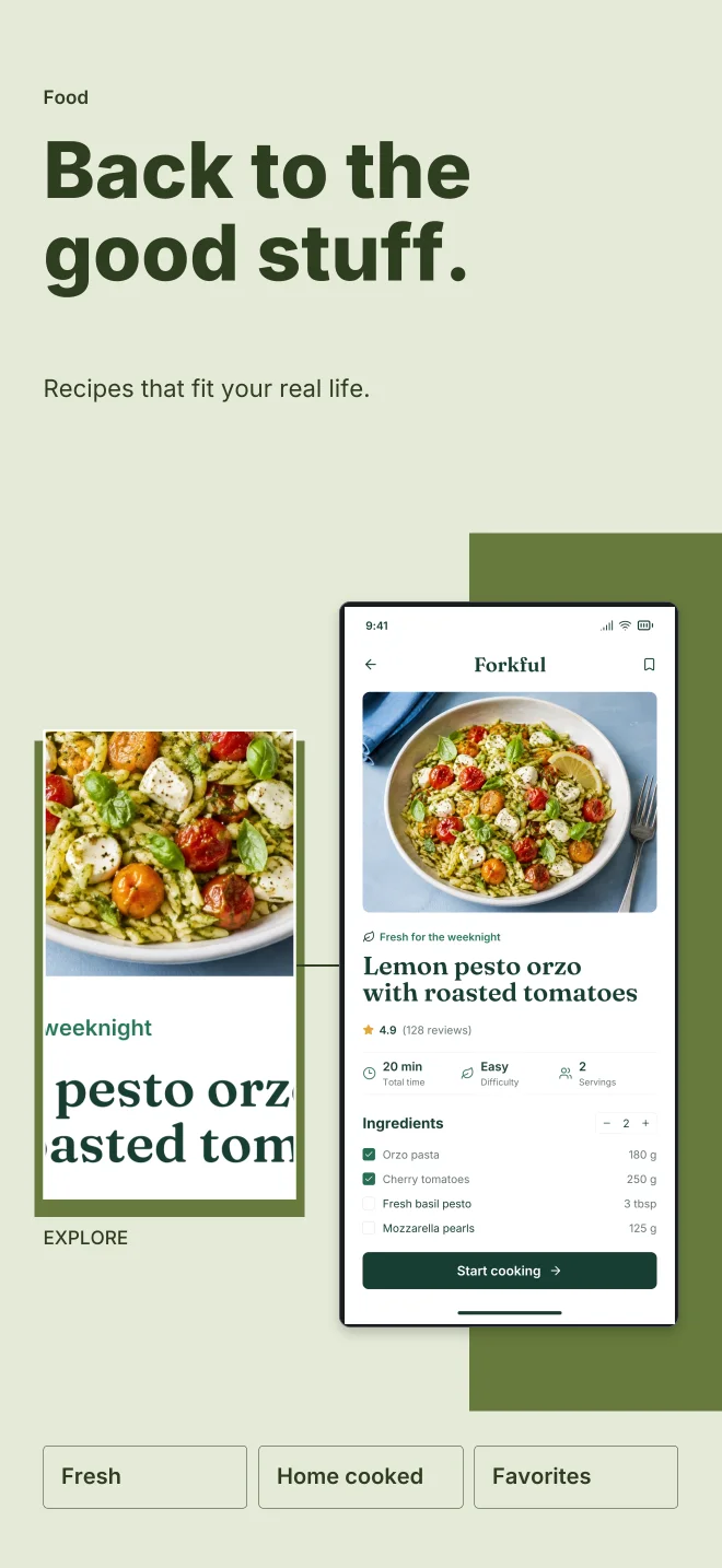 Olive Grove palette in Feature Focus, a fictional food app screenshot example