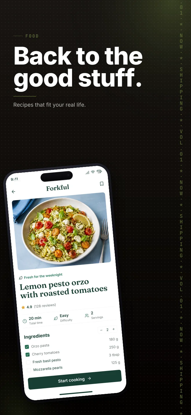 Olive Grove palette in Marquee Scroll, a fictional food app screenshot example