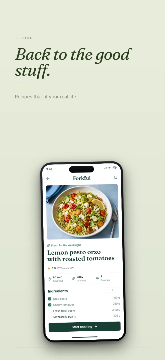 Olive Grove palette in Minimal, a fictional food app screenshot example