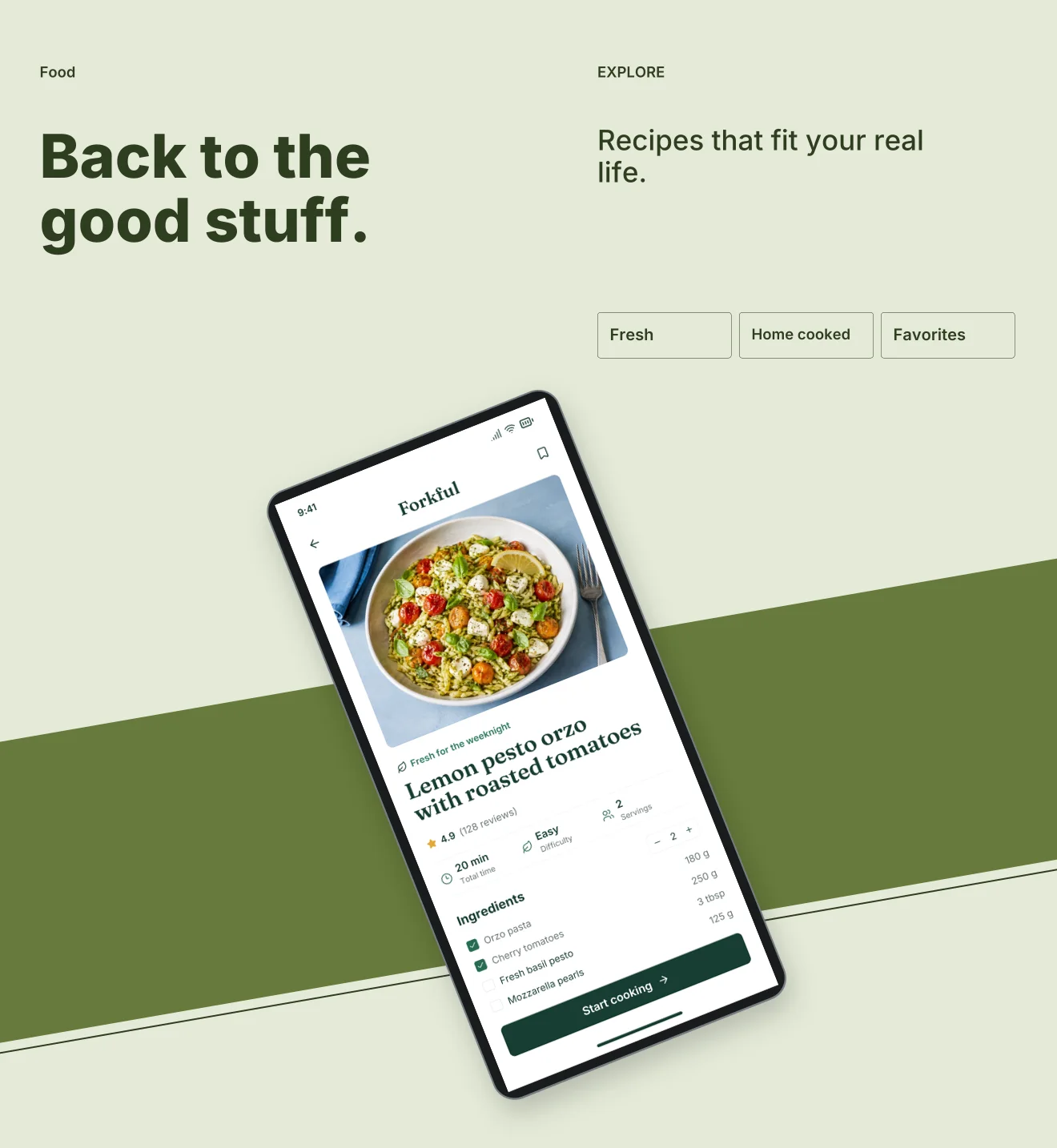Olive Grove palette in Panoramic Pair, a fictional food app screenshot example
