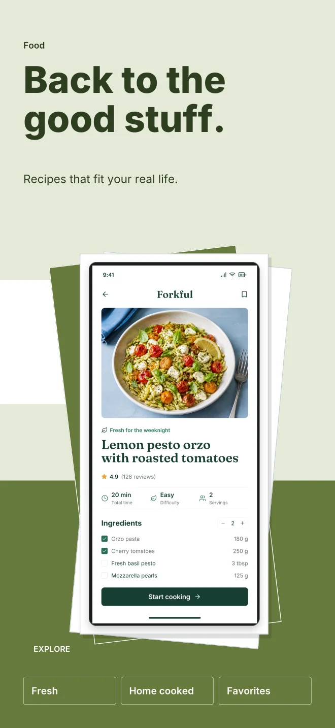 Olive Grove palette in Playful Stack, a fictional food app screenshot example